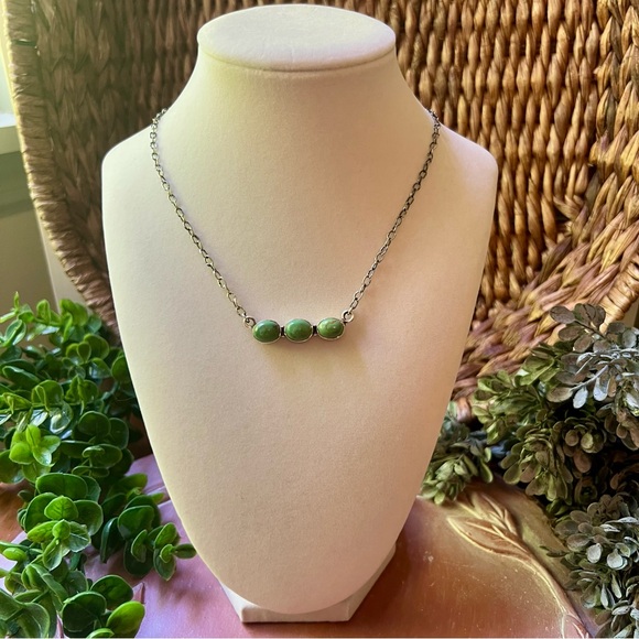 925 Sterling Silver Green Turquoise Triple Stone Bar...